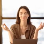 Overcoming,Seasonal,Depression.,Young,Woman,Meditating,Relaxing,At,Workplace,,Copyspace,
